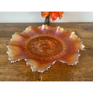 Vintage Carnival Glass Bowl Ruffled Edge Marigold Iridescent Floral Pattern Fall